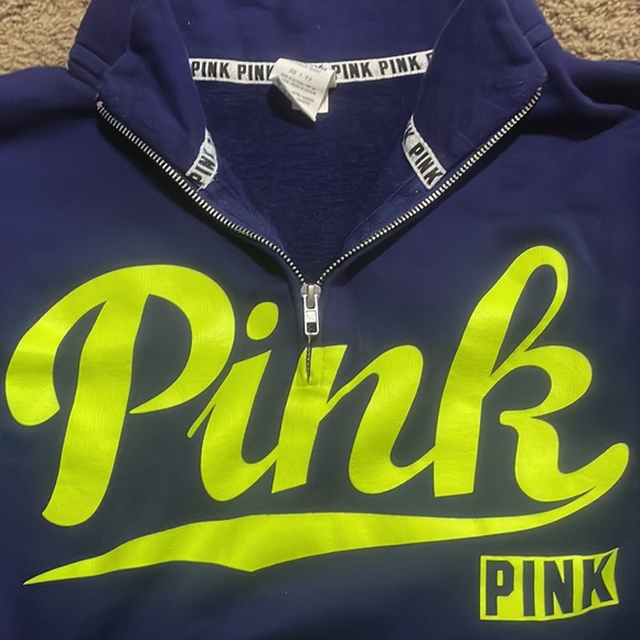 Pink Victoria Secret navy sweatshirt with Neon PINK across center front Sz XS - Picture 3 of 10
